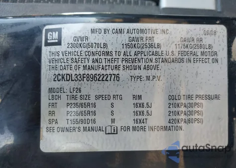 2009 Pontiac Torrent из США, поврежденный, VIN 2CKDL33F896222776